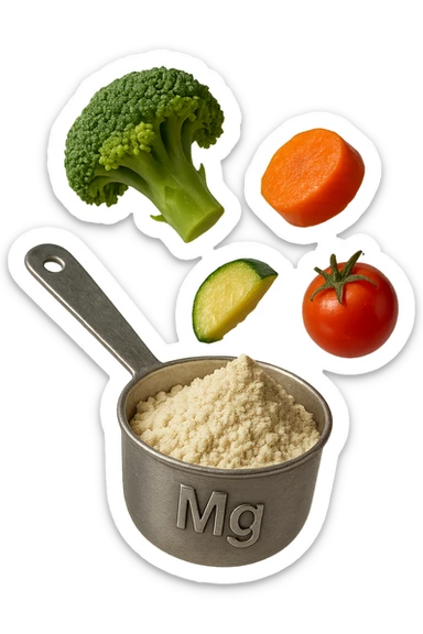 BOCCETTA DI MAGNESIO E VERDURE COTTE FLUTTUANO IN ARIA, IPERREALISTICA 4K sticker