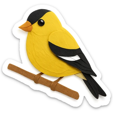 close-up of an American Goldfinch perched on a tree branch, fine paper edges, expressive eye, yellow and black plumage sticker
