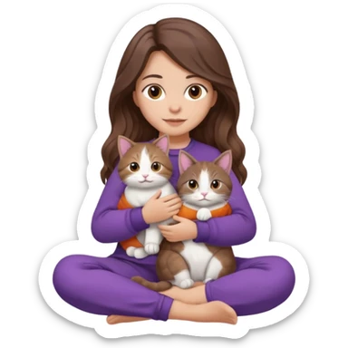 a girl with long wavy brown hair and soft brown eyes, in cozy purple clothes, sitting cross-legged, holding a tricolor cat (brown, white, and grey) in her lap, iOS emoji style, soft lighting sticker