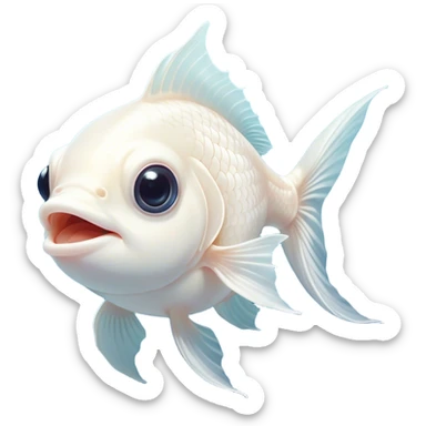 Cinematic Comical White Goldfish Portrait Emoji, Head tilted dramatically with an exaggeratedly amused expression, featuring a striking, glossy pure white body with elegantly fluttering fins, wide, expressive pale eyes filled with playful disbelief, Simplified yet hilariously expressive features, highly detailed, glowing with a slightly sassy glow, high shine, dramatic yet playful, stylized with an air of cheeky mischief, bright and endearing, soft glowing outline, capturing the essence of a spirited and over-the-top goldfish, so meme-worthy it feels like it could side-eye its way into internet fame instantly! sticker