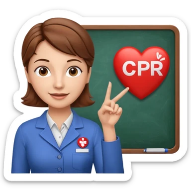 Happy Teacher, female, brown hair up, holding a pointer to a white board with a CPR logo. sticker