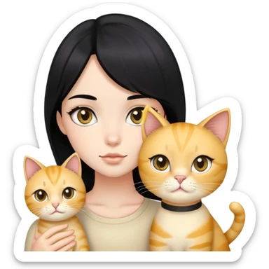 black hair girl with big black eyes with light gold cat sticker
