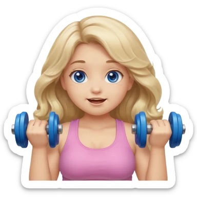 Kawaii emoji girl with big  blue glossy eyes, long wavy dirty blonde hair, happy expression, holding a dumbell, chubby cheeks, soft pastel colors, cozy and sweet aesthetic, clean background. sticker