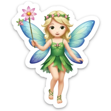 A flower fairy girl, with wings all over her body, one leg straight and the other bent, one hand raised holding a magic wand, the other hand lowered. sticker