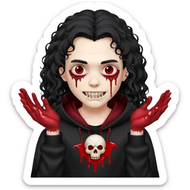 Vampire wearing a black hoodie with a skull logo on it, long curly hair that covers the forehead, fanged teeth and blood on hands sticker