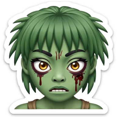 zumbi verde do cabelo liso preto e grande com franja e olhos puxados de japonês e linda sticker