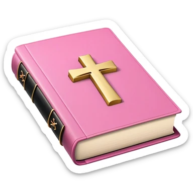 pink bible book with a gold cross on it and a black book stopper sticker