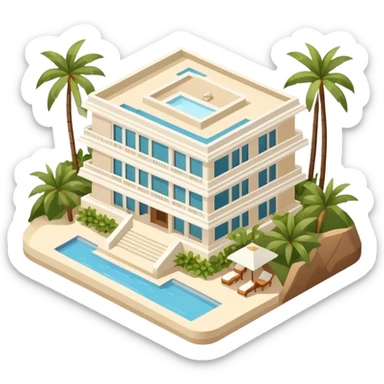 White and beige luxury resort hotel Hawaii, isometric exterior sticker
