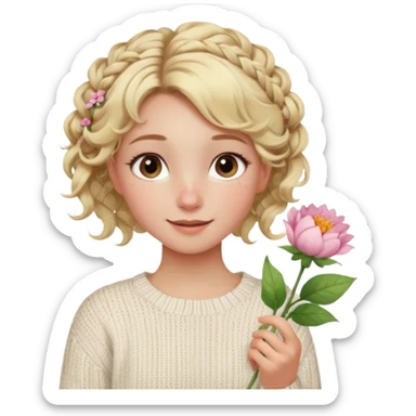 blonde hazel eyes girl holding a flower with a white cable knit sweater and a curly messy bun with tendrils of hair flowing down her face and she is happy pale, some freckles, blush sticker