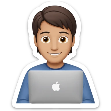 A man in his mid 20s, middle part average dude with slightly droopy eyes, happy, using a MacBook (no logo), hero for an iOS developers website sticker