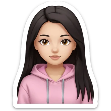 A pretty girl with light skin and long straight black brown hair, wearing a very light pink basic hoodie with brown eyes and makeup and a round face sticker