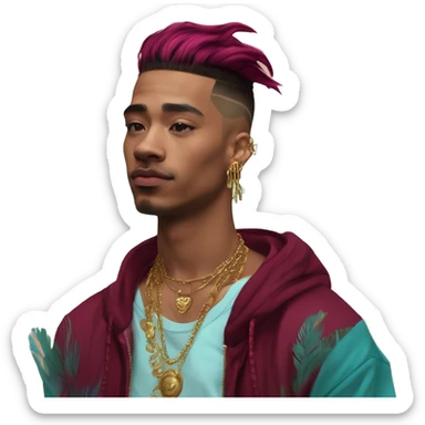 Vintage patina intricate swirls gold jewellery baroque raven wings tropical Deep pink maroon burgundy cyan dark hoodie man vitiligo dyed hair gold piercings nose piercing ear piercings sticker