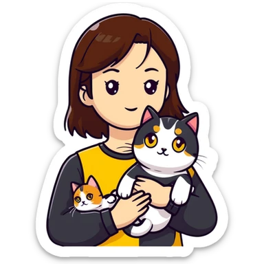 Brown straight-haired girl with black top, white cat with yellow eyes, and calico cat sticker