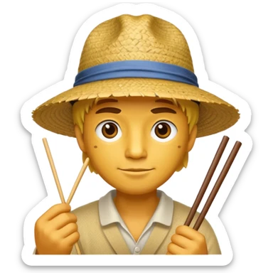 A yellow man wearing a straw hat holding chopsticks sticker