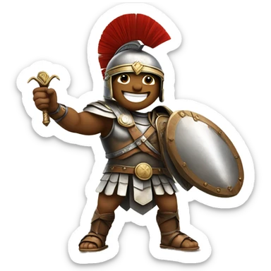 A triumphant gladiator, wearing a helmet and wielding a sword, making a "V" sign with his fingers to symbolize victory and success. sticker