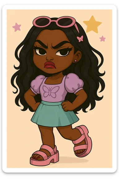 Change the expression to angry for a 20-year-old anime Bratz style woman with dark skin, dark hair, cute pastel Y2K look, big expressive eyes, and glossy lips. Maintain the anime Bratz style and the described features. sticker