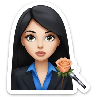 Glamours, tanned, very beautiful girl, with big pump peach-beige-rose lips, eyeliner, long lashes, black straight smooth silky long hair, straight parting hair, blue-grey eyes in black clothes for working profile sticker