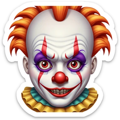 Cinematic 32k HD, Extremely detailed image of a terrifyingly creepy clown, each lash, eye, and hair is shown in stunning detail as though captured in a timeless photograph, rich textures, visually rich, so lifelike that it feels like it could leap off the page at any moment sticker
