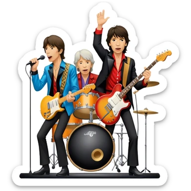 Icon for Rock Music: The Rolling Stones live on stage with Mick Jagger performing vocals, Keith Richards playing guitar, and Charlie Watts on drums. Iconic stage lights, electric guitars, and energetic crowd. Transparent background. sticker