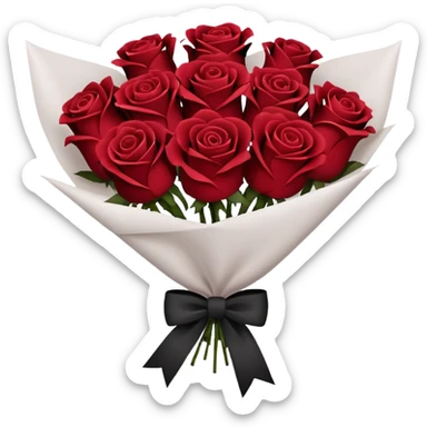 Burgundy bouquet of dark red roses wrapped in white paper with a black bow sticker