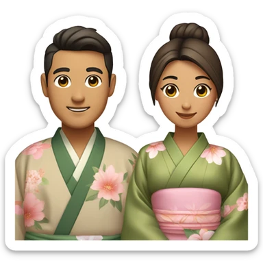 asian couple - medium skin man with center split slightly wavy hair wearing kimono with olive green inside and brown outside, light medium skin woman with a low bun and flowers in her hair wearing light pink kimono with pastel florals of different colors sticker