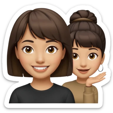 In Apple Memoji format, a girl with dark brown hair. She has bangs and her hair is in a singular high bun. The girl is arab and has light brown skin. She is wearing a brown shirt. She is smiling but is not showing her teeth.  sticker