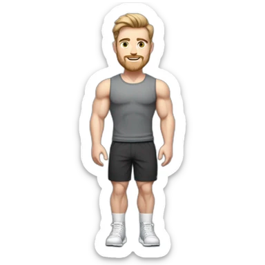 Full height Pale skinned fit man With biceps, Realistic eyes and mouth, light brown hair and stubble In dark gray sleeveless mike, black oversize sports shorts, watch and white sneakers. sticker