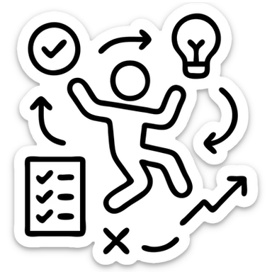 icon of a person in mid-jump, surrounded by arrows and symbols of tasks, dynamic and organized chaos, playful yet focused, planning idea sticker