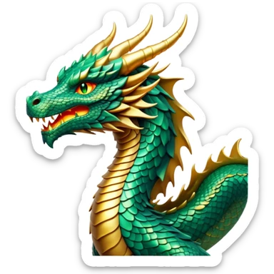 cinematic-noble-dragon-portrait-emoji,-poised-and-majestic,-with-a-sinuous,-elongated-body-covered-in-intricately-detailed,-shimmering-scales-in-hues-of-emerald-and-gold,-and-piercing,-fiery-eyes-that-reflect-ancient-wisdom; Breathing fire sticker