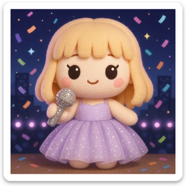 Pretty and girly Blonde pop star with bangs wearing a sparkly tulle light purple ballgown, holding a bedazzled microphone, reimagined as a soft kawaii plushie doll, with a nighttime concert backdrop with colorful confetti sticker