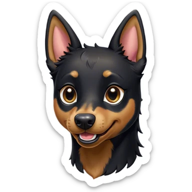 Cinematic Comical Black and Tan Kelpie Portrait Emoji, Head tilted dramatically with an exaggeratedly amused expression, featuring a striking black Fur with bold tan patches, wide, expressive dark eyes filled with playful disbelief, Simplified yet hilariously expressive features, highly detailed, glowing with a slightly sassy glow, high shine, dramatic yet playful, stylized with an air of cheeky mischief, bright and endearing, soft glowing outline, capturing the essence of a spirited and over-the-top herder, so meme-worthy it feels like it could side-eye its way into internet fame instantly! sticker