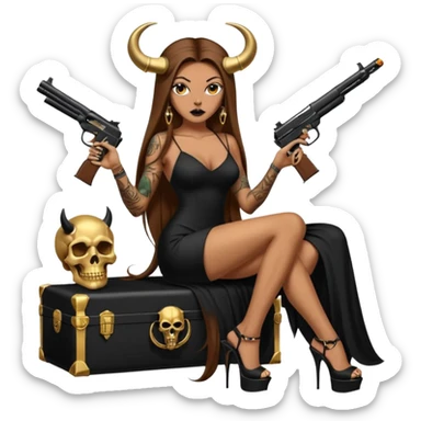 Sensual woman long brown straight haired sexy drug lord woman with tattoos on arm sleeves and black thick butt platform high heels on her feet, and devil black horns on her head, she is holding a skull head and a gun. Sitting on gold cases full of gold , long black dress with sexy slit sticker