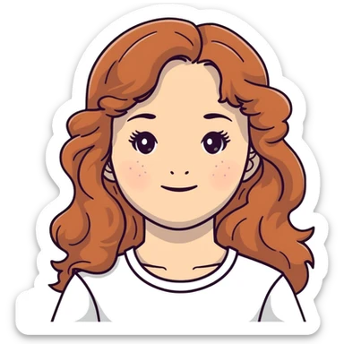 adolescent girl with long wavy hair, freckles, long eyelashes, white top sticker