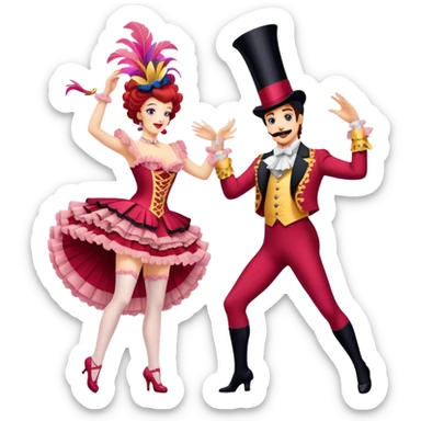 Cinematic Realistic scene of two performers executing a high‑energy Can‑Can, adorned in elaborate French cabaret costumes with frilly layers and dynamic movement, illuminated by vibrant stage lighting sticker