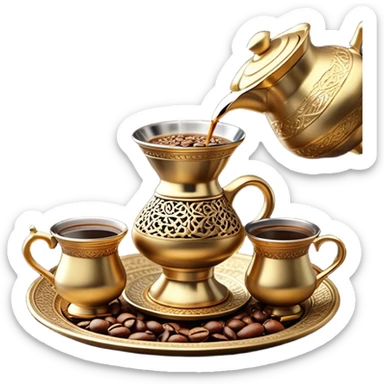 A traditional Arabic coffee scene featuring an ornate dallah (Arabic coffee pot) pouring steaming golden gahwa into beautifully decorated cups. Scattered coffee beans add an authentic touch, while a bowl of rich, dark dates sits in the background, symbolizing hospitality and tradition. sticker