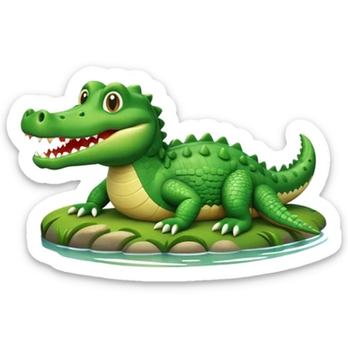 A cute 3D cartoon crocodile resting on a riverbank, part of its body in the water. Smooth rounded design, bright colors, soft lighting, friendly expression, Memoji-style realism. sticker