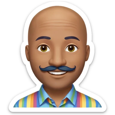 Oxumarê as a very happy and spontaneous smiling 37-year-old bald man with very dark skin, smooth oval head, indigenous facial features, mustache with circular beard only on chin, a round mole on the right side below the lip, wearing a blue striped dress shirt, with rainbow serpent, Memoji style sticker