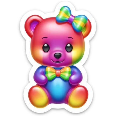 A neon rainbow girl gummy bear with bow sticker