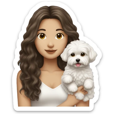 Brunette long haired girl holding white maltipoo sticker