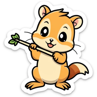 baby chipmunk chewing on a stick, cartoonish sticker style sticker