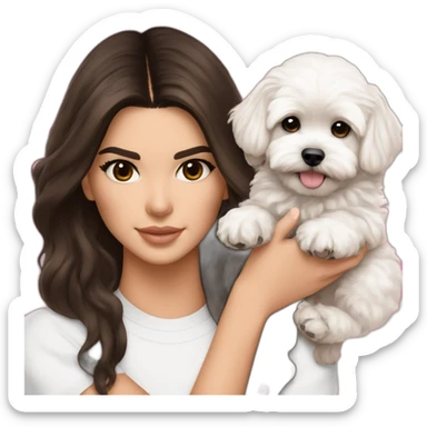 brunette Kendall Jenner with long hair holding on the hands white maltipoo wear on pink collar sticker