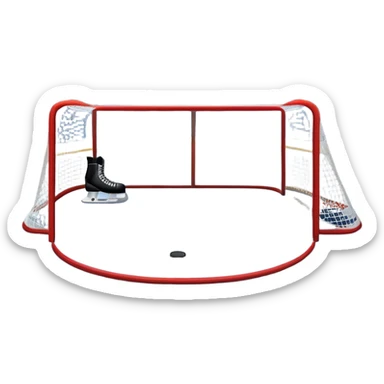 An icon showing a hockey stick, puck, skates, and goalposts on the ice. The background features a large hockey stadium with cheering fans, bright lights, and a snowy landscape visible through the arena. Transparent background highlights the main hockey equipment and atmosphere. sticker