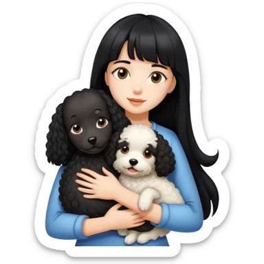 A beautiful girl with long black straight hair and bangs hugs a curly-haired dog sticker