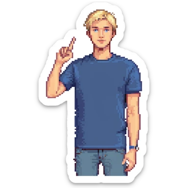 Flat pixel art, confident male leader, Caucasian, short neat blonde hair, sharp eyes, indigo T-shirt, one arm raised gicing direction, waist-up, front-facing sticker