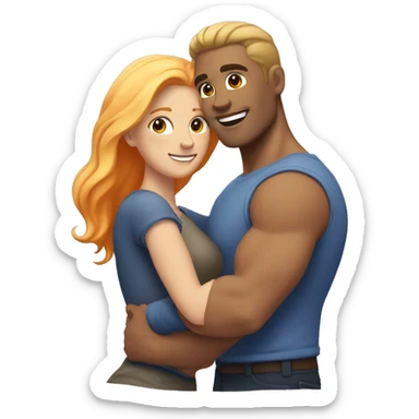 
A muscular, well-shaped, brunette man and a woman with light blonde and orange hair hugging him. sticker