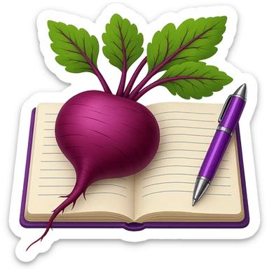 Adjust the image so that the beetroot, the notebook, and the pen are clearly seen from the front, all aligned frontally. Maintain the emoji style look and keep the background transparent. sticker