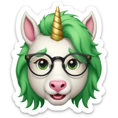 white furred unicorn with green hair and big red earrings looking into camera and spectacle sticker