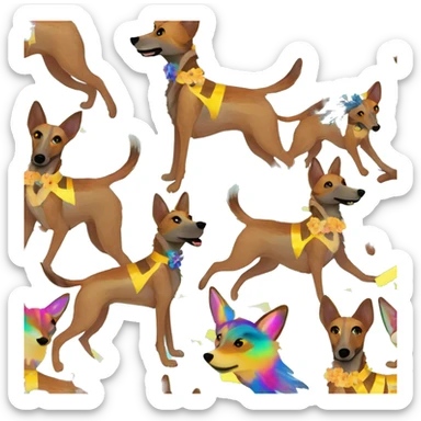  brindle brown black maroon striped lurcher Alsatian fox running blue eyes and iridescent holographic oilslick harness wearing paper iridescent tropical flower crown yellow caution tape sticker