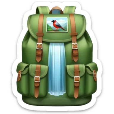 Icon for Ecotourism: lightweight hiking backpack and a scenic landscape with lush green forests, a waterfall, and wildlife, such as birds or animals in background. Transparent background. sticker