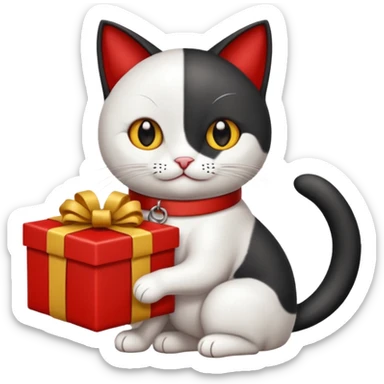 Gato negro con blanco feliz con moño rojo y un regalo 🎁 sticker